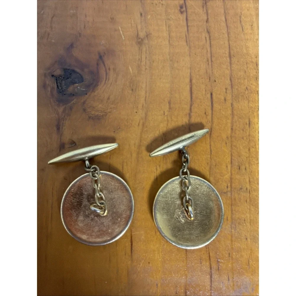 Vintage‎ Gold Tone Black Enamel Cufflinks Chain Link Round Ornate Design